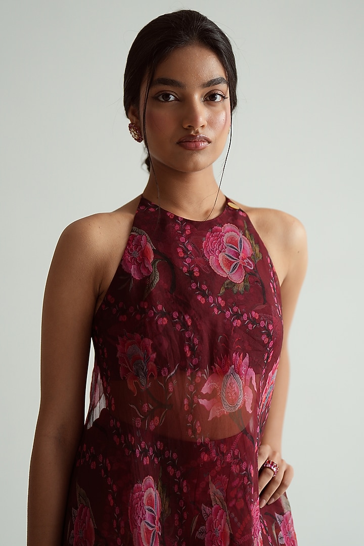 Cherry Red Silk Organza Floral Printed Halter Tunic Set by MMVM at Pernia's Pop Up Shop