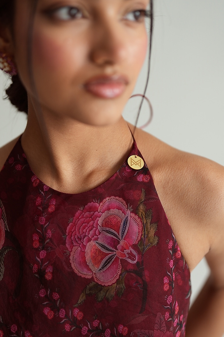 Cherry Red Silk Organza Floral Printed Halter Tunic Set by MMVM at Pernia's Pop Up Shop