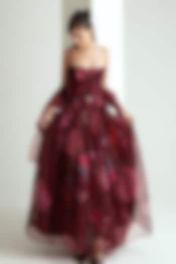 Cherry Red Silk Organza Floral Printed Engagement Gown With Stole by MMVM at Pernia's Pop Up Shop