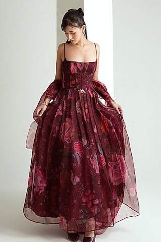 Cherry Red Silk Organza Floral Printed Gown With Stole by MMVM
