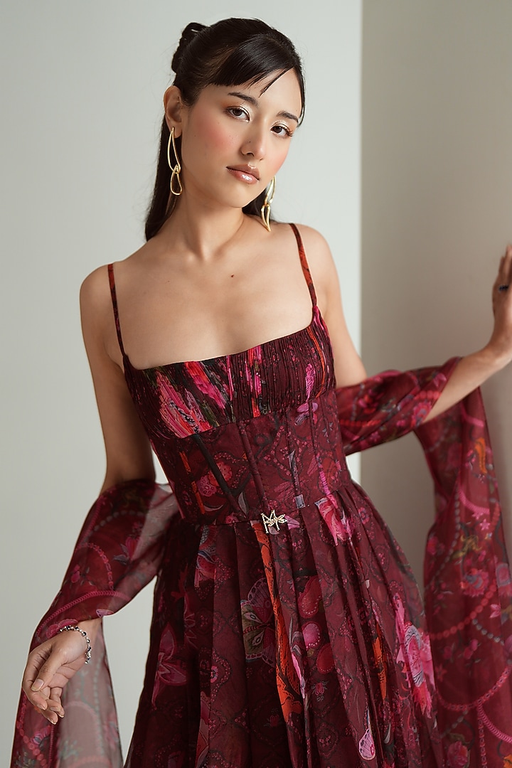 Cherry Red Silk Organza Floral Printed Engagement Gown With Stole by MMVM at Pernia's Pop Up Shop