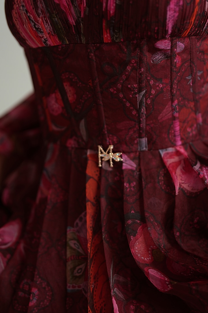 Cherry Red Silk Organza Floral Printed Engagement Gown With Stole by MMVM at Pernia's Pop Up Shop