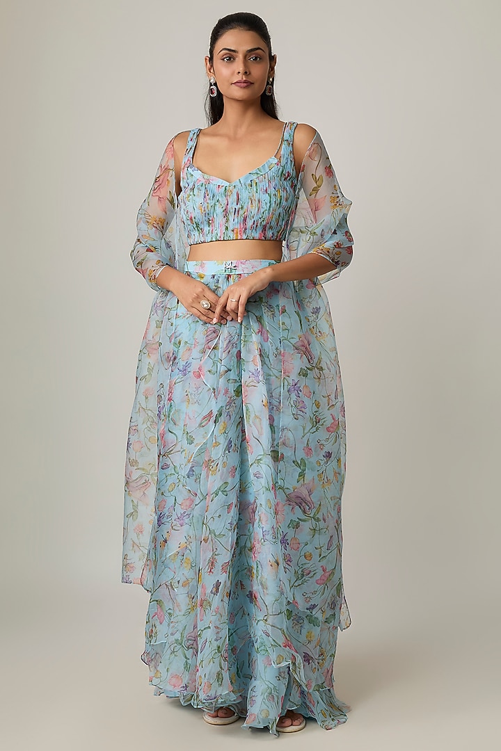 Pastel Blue Silk Organza Floral Printed Draped Skirt Set by MMVM at Pernia's Pop Up Shop