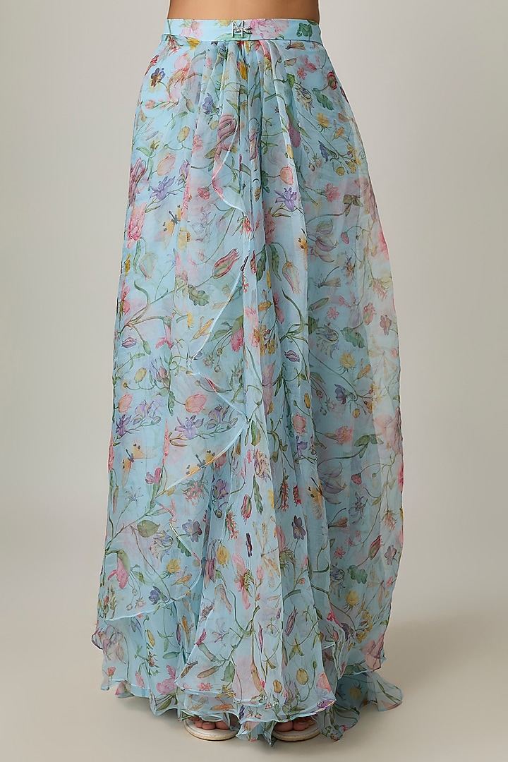 Pastel Blue Silk Organza Floral Printed Draped Skirt Set by MMVM at Pernia's Pop Up Shop
