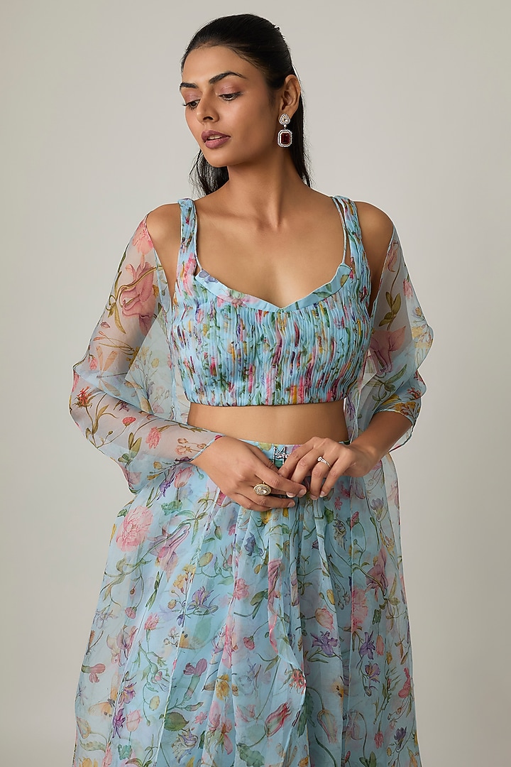 Pastel Blue Silk Organza Floral Printed Draped Skirt Set by MMVM at Pernia's Pop Up Shop