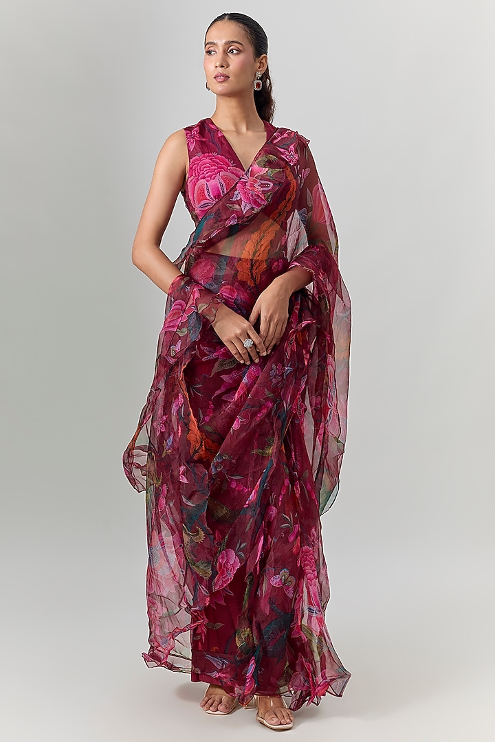 Cherry Red Silk Organza Floral Printed Wedding Saree Set by MMVM at Pernia's Pop Up Shop