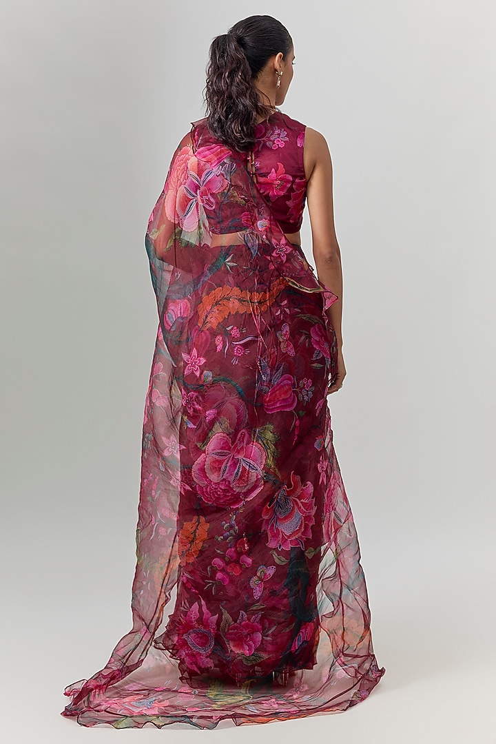 Cherry Red Silk Organza Floral Printed Wedding Saree Set by MMVM at Pernia's Pop Up Shop
