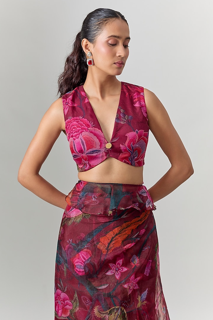 Cherry Red Silk Organza Floral Printed Wedding Saree Set by MMVM at Pernia's Pop Up Shop