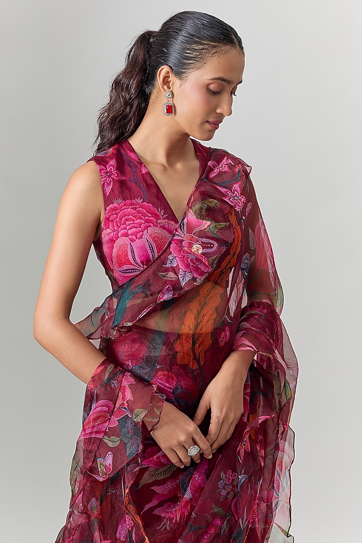 Cherry Red Silk Organza Floral Printed Wedding Saree Set by MMVM at Pernia's Pop Up Shop