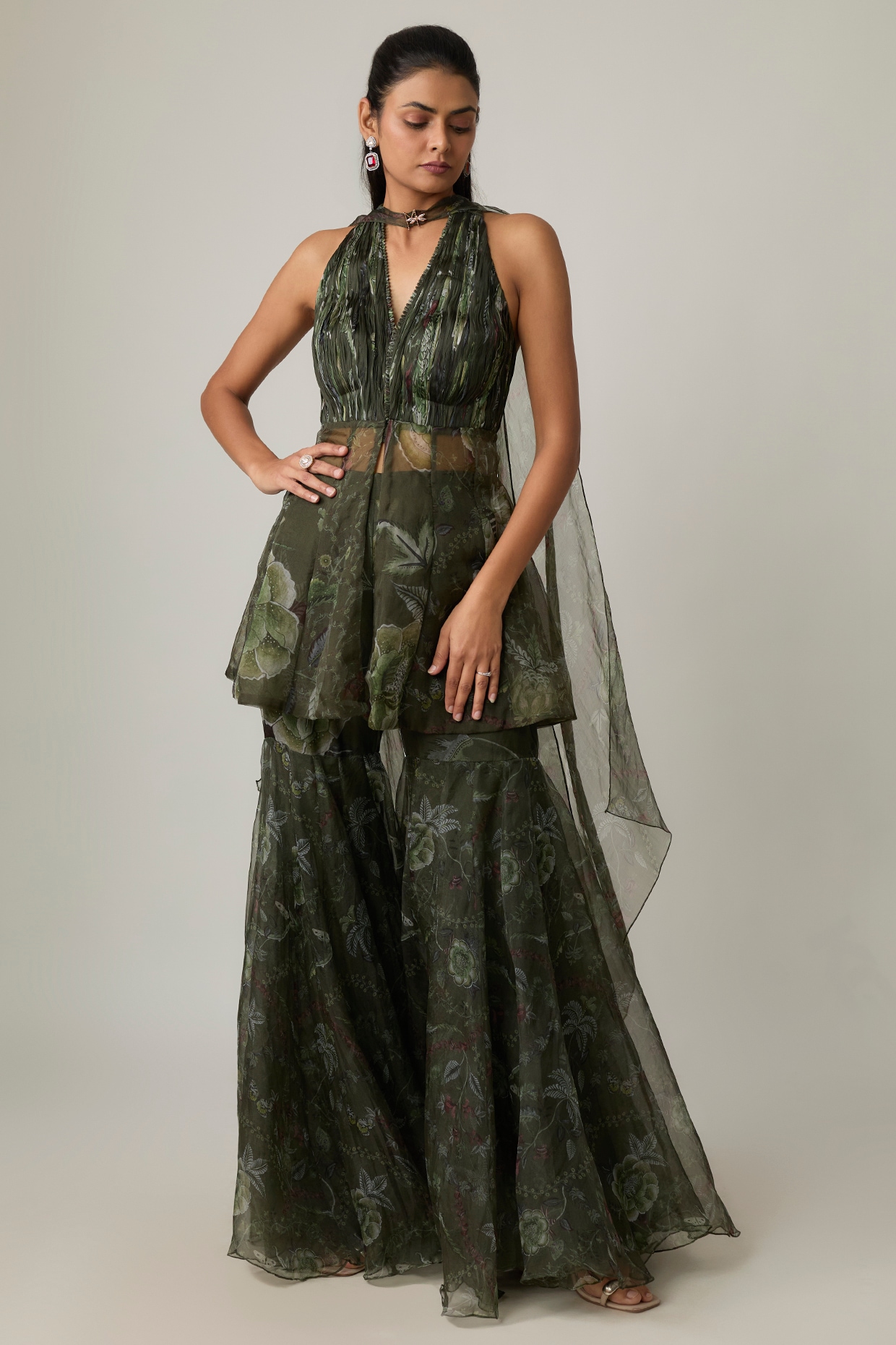 MMVM Moss Green Silk Organza Sharara Set
