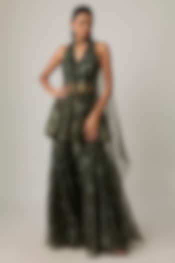 Moss Green Silk Organza Wedding Sharara Set by MMVM at Pernia's Pop Up Shop