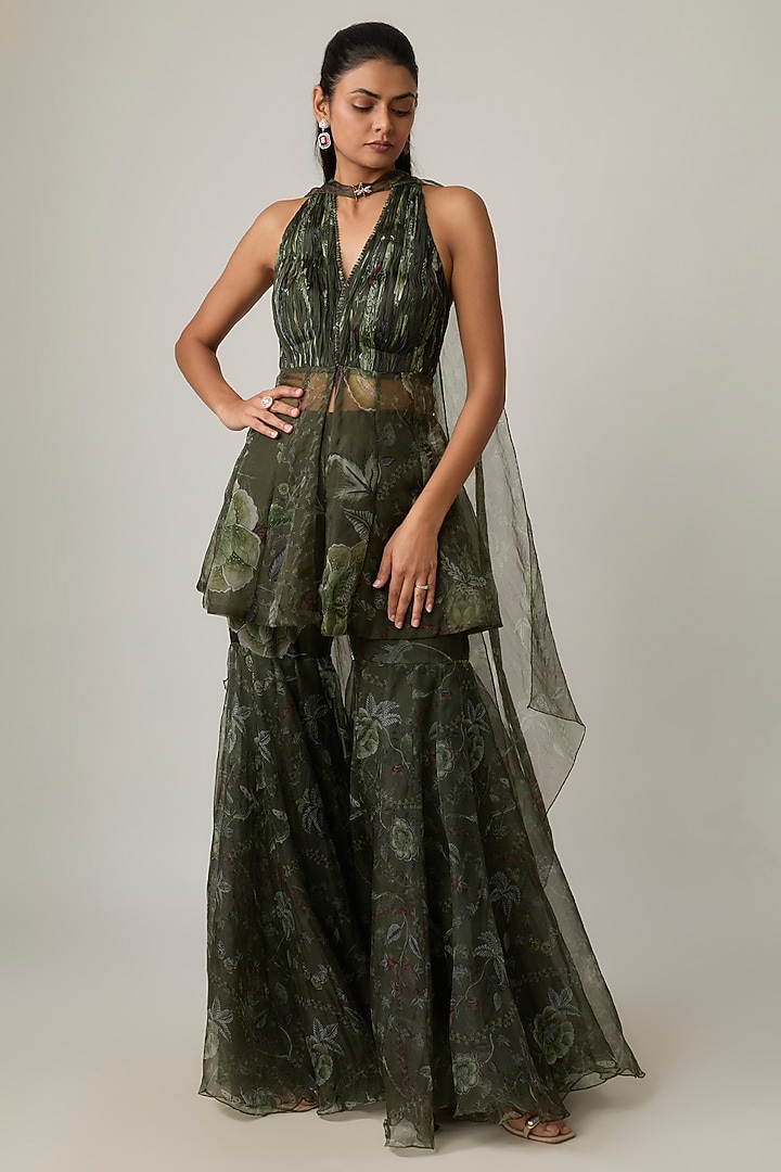 Moss Green Silk Organza Wedding Sharara Set by MMVM at Pernia's Pop Up Shop