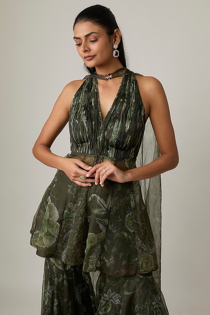 Moss Green Silk Organza Wedding Sharara Set by MMVM at Pernia's Pop Up Shop