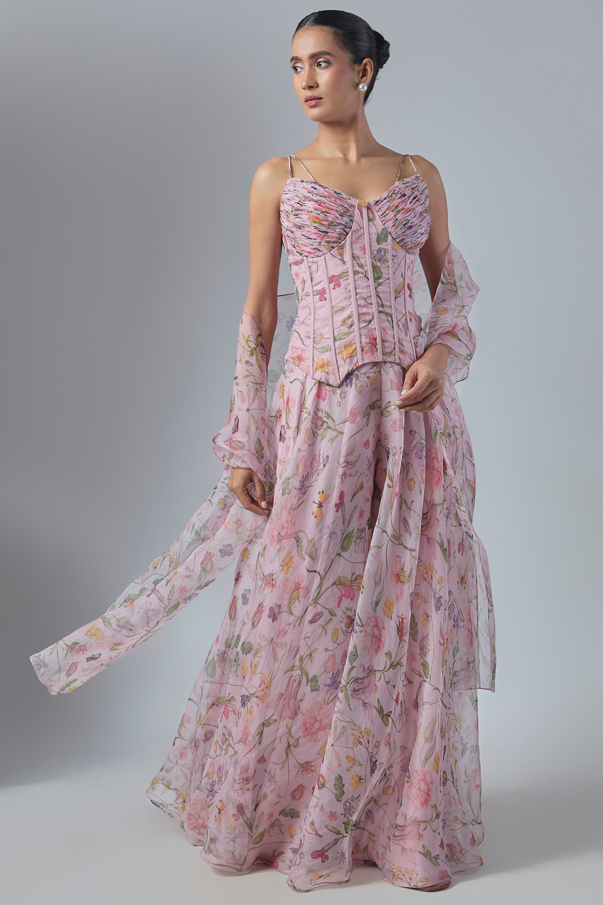 MMVM Baby Pink Silk Organza Floral Printed Co-Ord Set