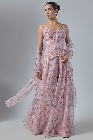 Baby Pink Silk Organza Floral Printed Co-Ord Set by MMVM
