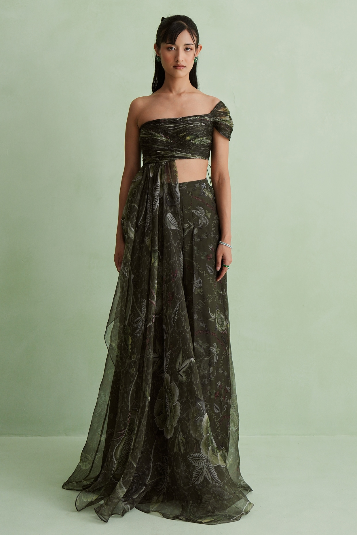 MMVM Moss Green Silk Organza Floral Printed Co-Ord Set