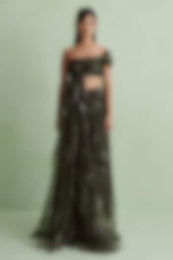Moss Green Silk Organza Floral Printed Co-Ord Set by MMVM at Pernia's Pop Up Shop