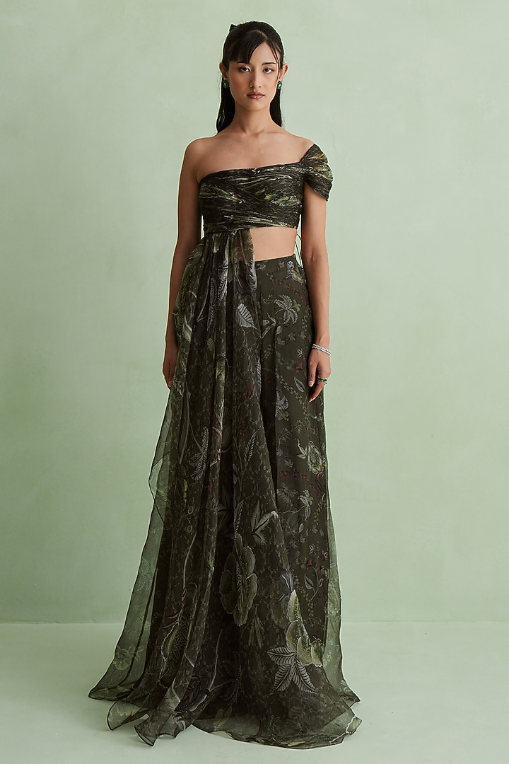 Moss Green Silk Organza Floral Printed Co-Ord Set by MMVM at Pernia's Pop Up Shop