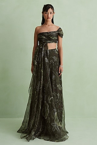 Moss Green Silk Organza Floral Printed Co-Ord Set by MMVM