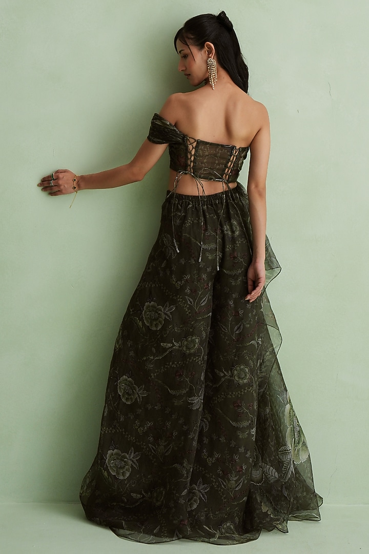 Moss Green Silk Organza Floral Printed Co-Ord Set by MMVM at Pernia's Pop Up Shop