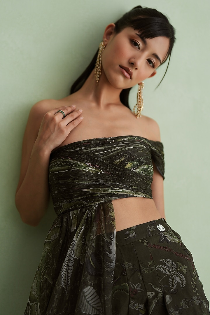 Moss Green Silk Organza Floral Printed Co-Ord Set by MMVM at Pernia's Pop Up Shop
