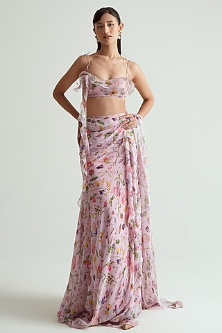 Blush Pink Georgette Ruffled Saree Set by MMVM