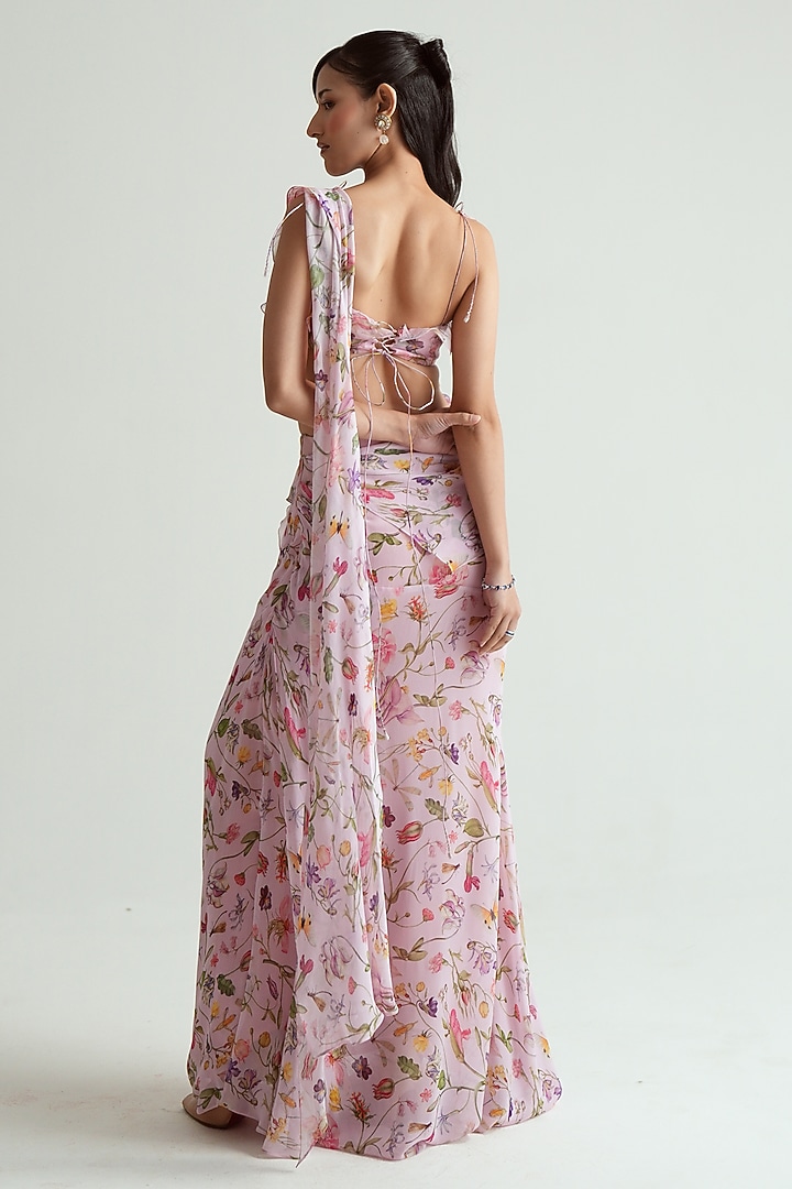 Blush Pink Georgette Ruffled Wedding Saree Set by MMVM at Pernia's Pop Up Shop