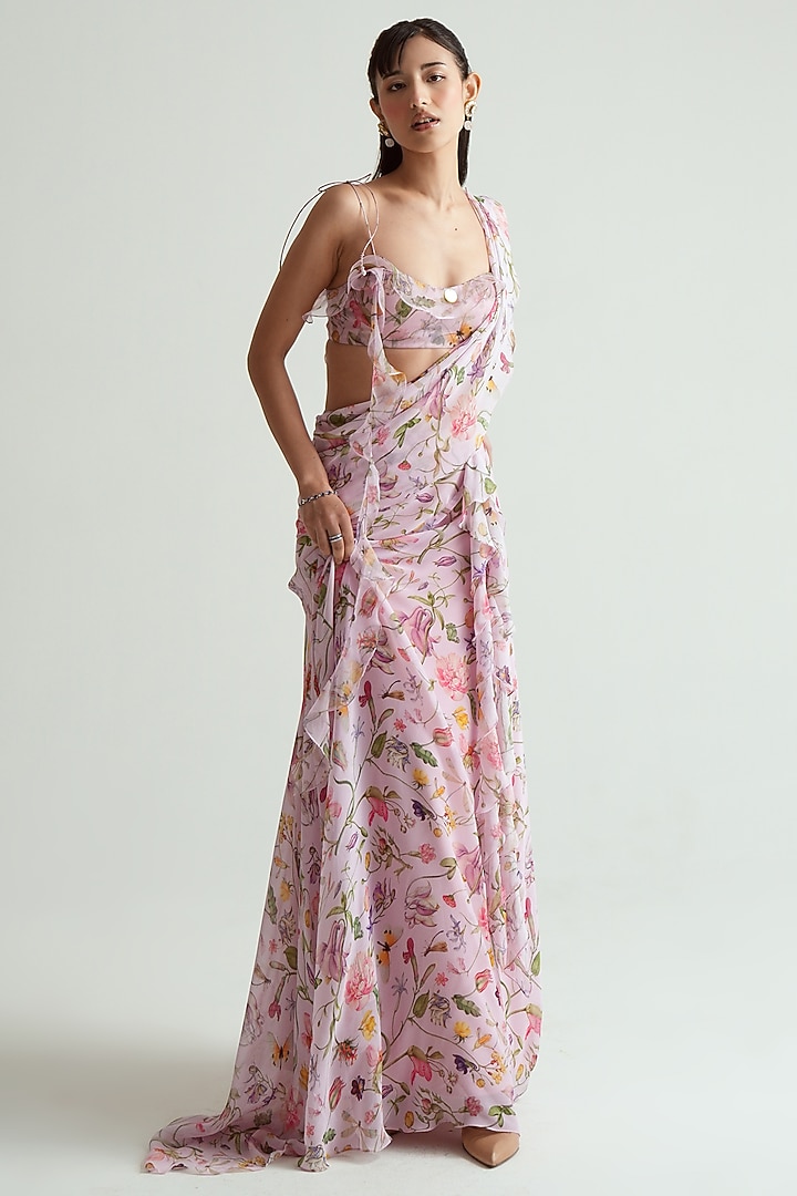 Blush Pink Georgette Ruffled Wedding Saree Set by MMVM at Pernia's Pop Up Shop