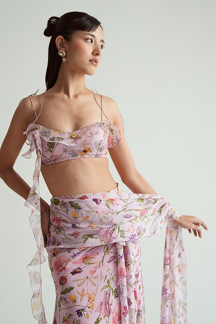 Blush Pink Georgette Ruffled Wedding Saree Set by MMVM at Pernia's Pop Up Shop