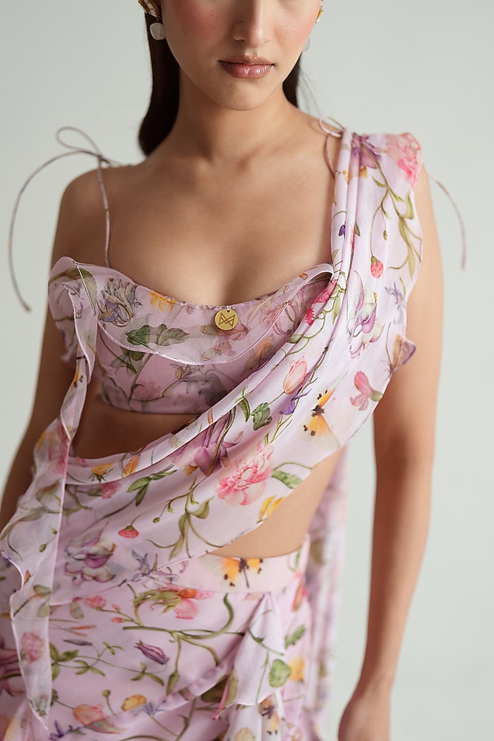 Blush Pink Georgette Ruffled Wedding Saree Set by MMVM at Pernia's Pop Up Shop