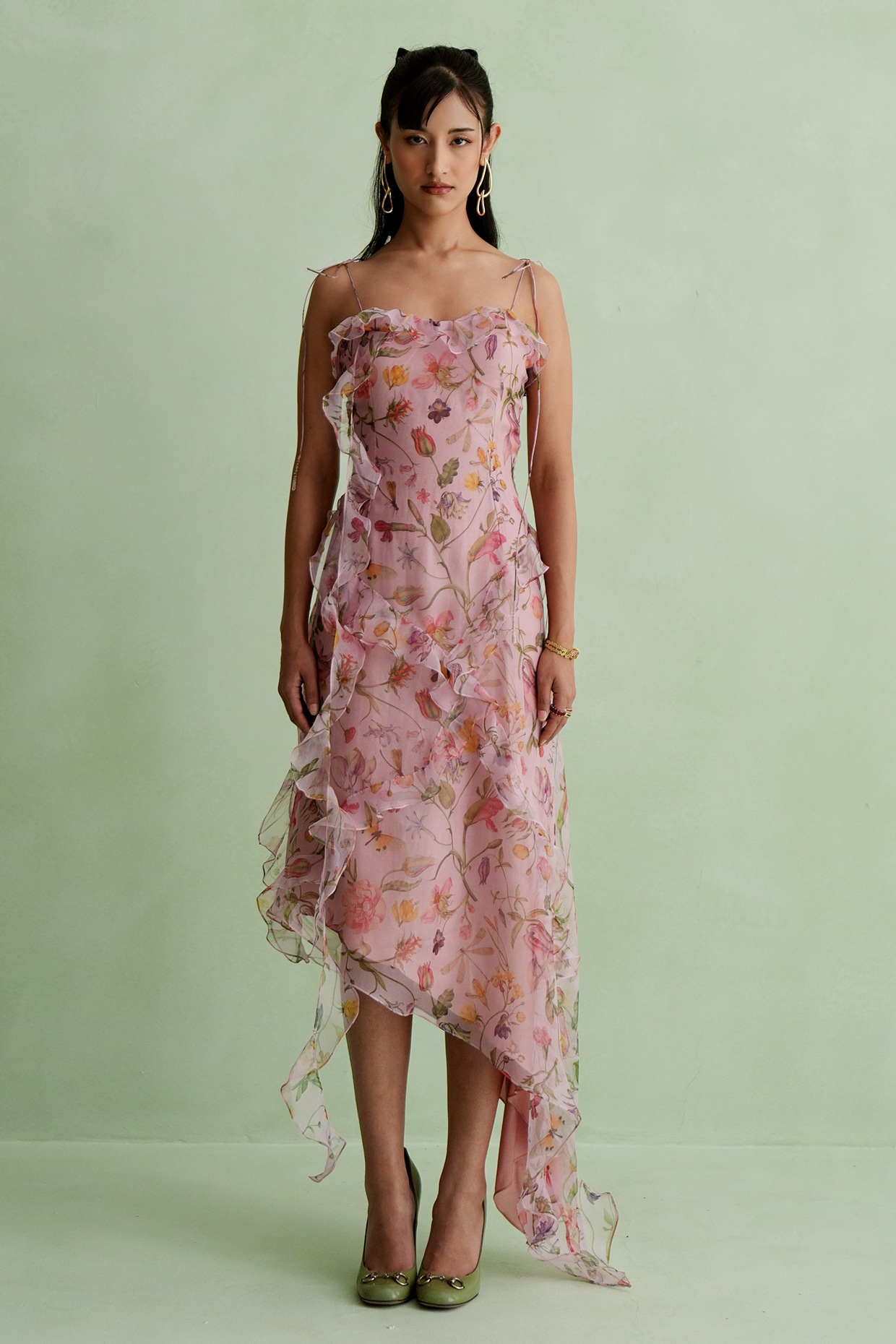 MMVM Baby Pink Silk Organza Floral Printed Asymmetrical Midi Dress