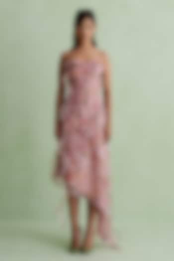 Baby Pink Silk Organza Floral Printed Asymmetrical Midi Vacation Dress by MMVM at Pernia's Pop Up Shop