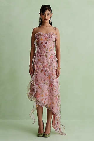 Baby Pink Silk Organza Floral Printed Asymmetrical Midi Dress by MMVM
