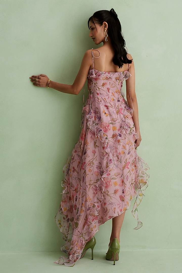 Baby Pink Silk Organza Floral Printed Asymmetrical Midi Vacation Dress by MMVM at Pernia's Pop Up Shop