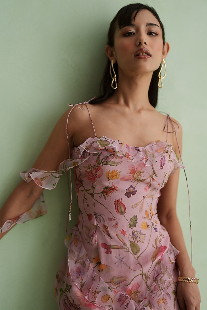 Baby Pink Silk Organza Floral Printed Asymmetrical Midi Vacation Dress by MMVM at Pernia's Pop Up Shop