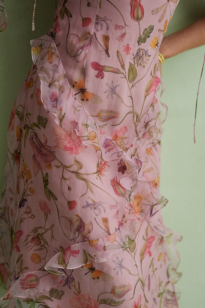 Baby Pink Silk Organza Floral Printed Asymmetrical Midi Vacation Dress by MMVM at Pernia's Pop Up Shop