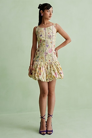 Butter Yellow Poplin Floral Printed Mini Dress by MMVM
