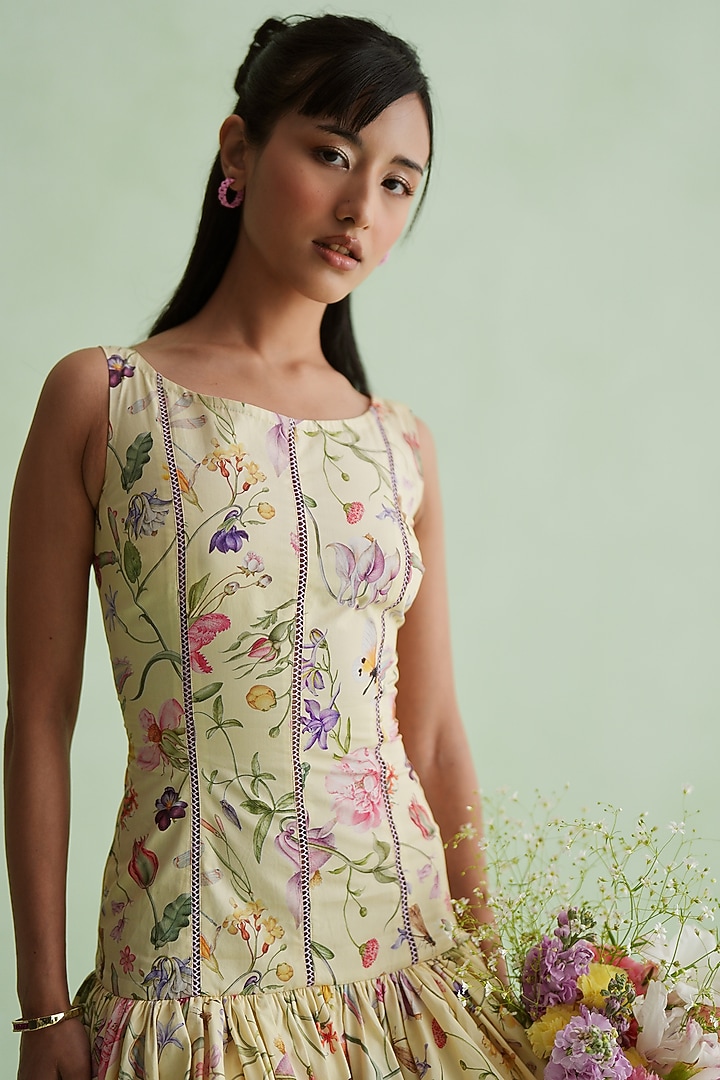 Butter Yellow Poplin Floral Printed Mini Vacation Dress by MMVM at Pernia's Pop Up Shop