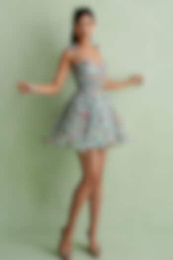 Ice Blue Silk Organza Floral Printed Mini Vacation Dress by MMVM at Pernia's Pop Up Shop