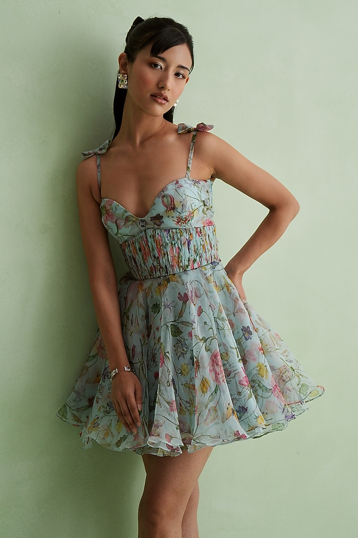 Ice Blue Silk Organza Floral Printed Mini Vacation Dress by MMVM at Pernia's Pop Up Shop