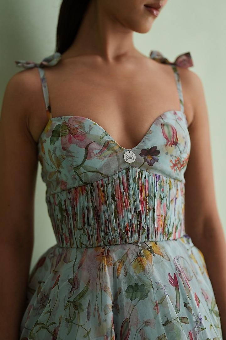 Ice Blue Silk Organza Floral Printed Mini Vacation Dress by MMVM at Pernia's Pop Up Shop