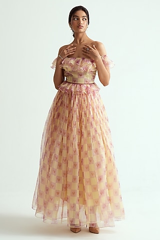 Soft Yellow Silk Organza Heart Printed Skirt Set by MMVM