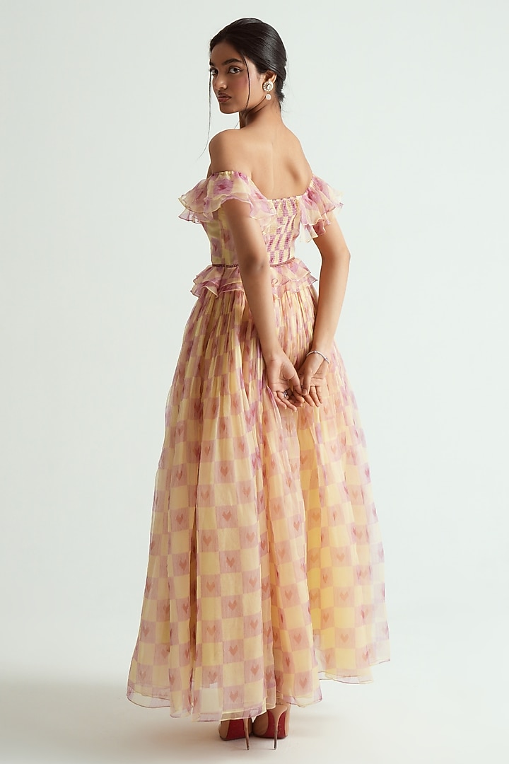 Soft Yellow Silk Organza Heart Printed Skirt Set by MMVM at Pernia's Pop Up Shop