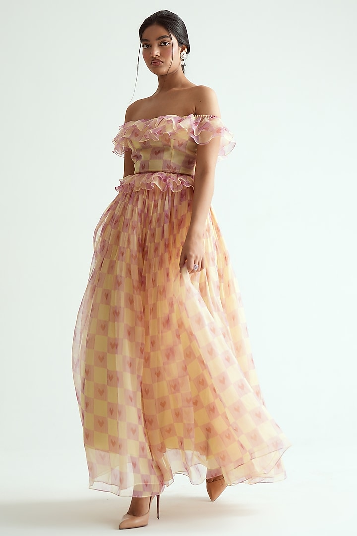 Soft Yellow Silk Organza Heart Printed Skirt Set by MMVM at Pernia's Pop Up Shop