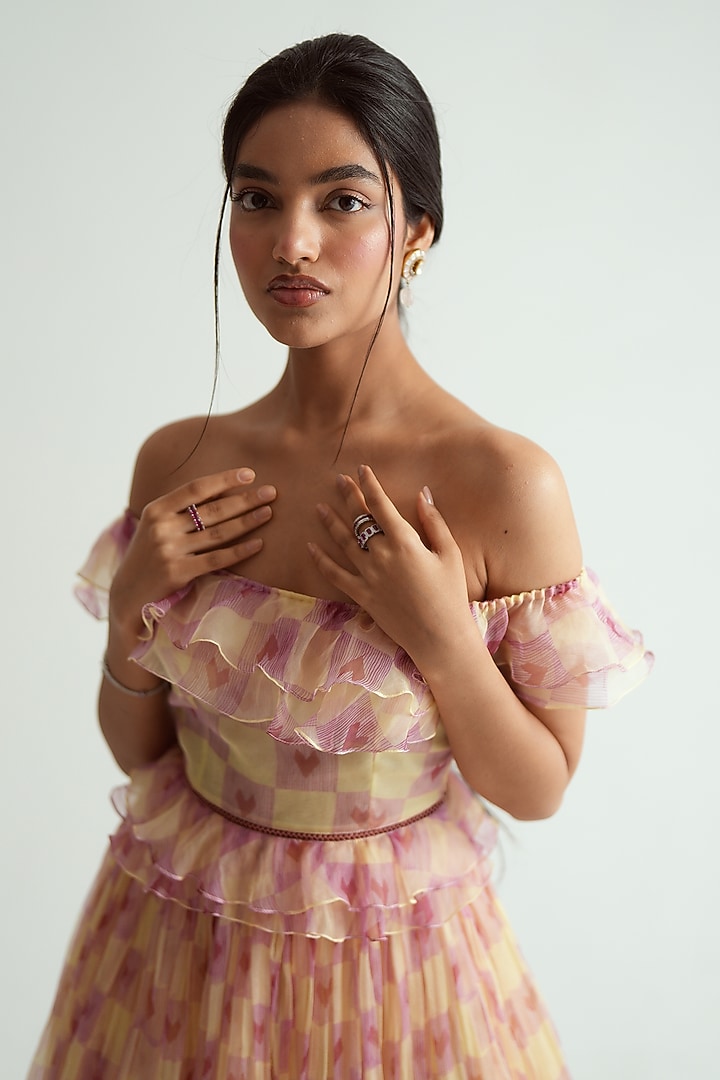 Soft Yellow Silk Organza Heart Printed Skirt Set by MMVM at Pernia's Pop Up Shop