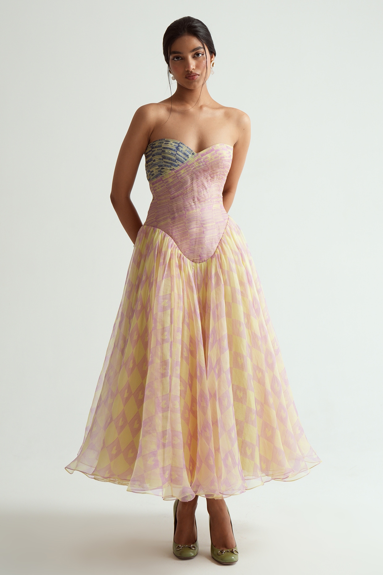MMVM Butter Yellow Silk Organza Printed Strapless Midi Dress