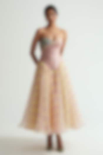 Butter Yellow Silk Organza Printed Strapless Midi Cocktail Dress by MMVM at Pernia's Pop Up Shop