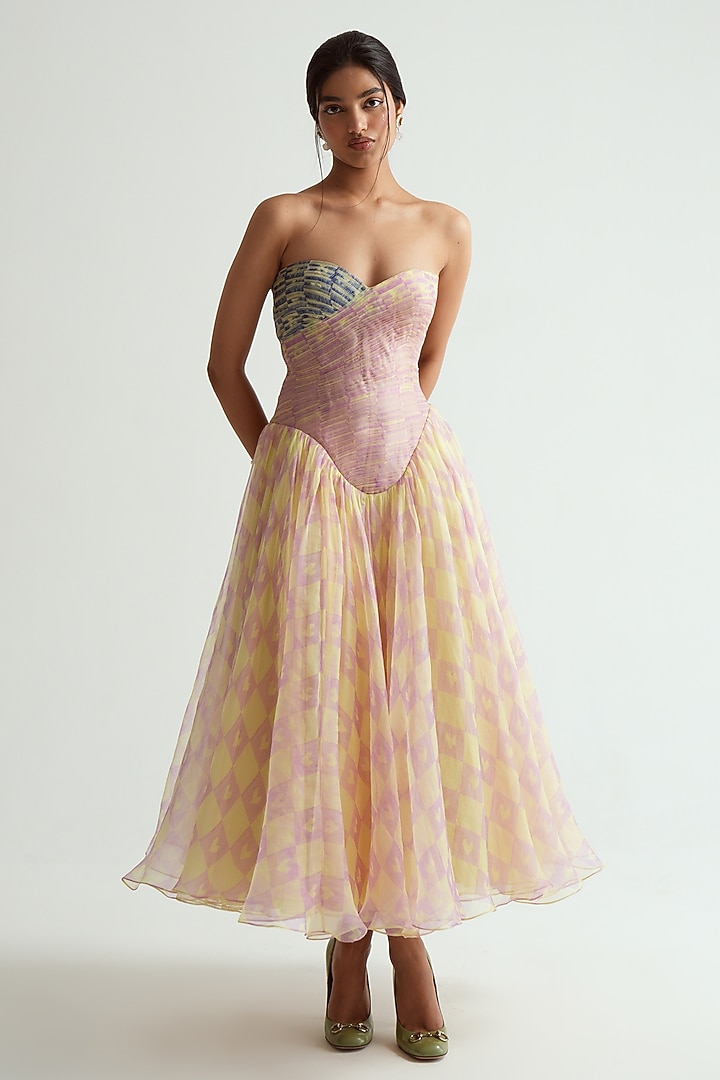 Butter Yellow Silk Organza Printed Strapless Midi Cocktail Dress by MMVM at Pernia's Pop Up Shop