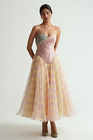 Butter Yellow Silk Organza Printed Strapless Midi Dress by MMVM