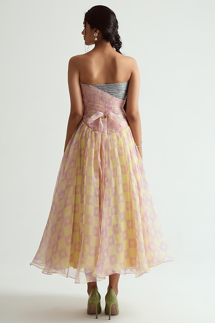 Butter Yellow Silk Organza Printed Strapless Midi Cocktail Dress by MMVM at Pernia's Pop Up Shop